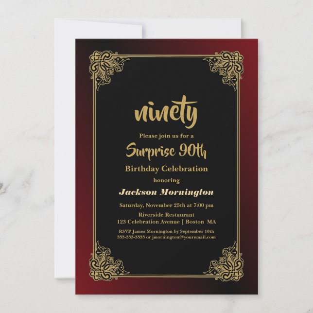 Invitation Surprise d'anniversaire de 90 ans avec une bordure (Devant)