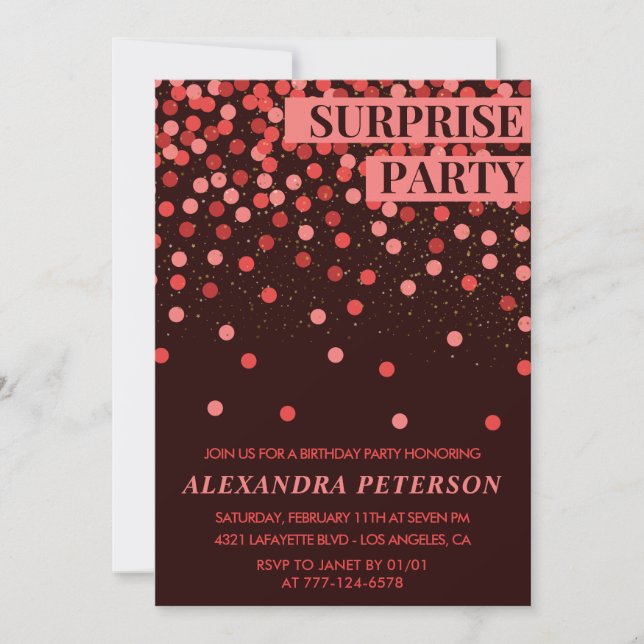 Invitation Surprise d'anniversaire paillettes noir rouge 88e  (Devant)