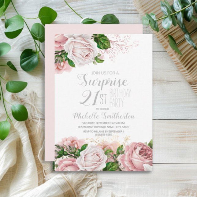 Invitation Surprise de 21e anniversaire Fleur Rose Blush (Elegant pink vintage watercolor flowers surprise 21st birthday party invitation)