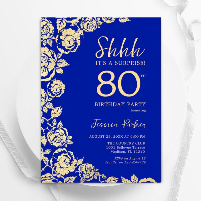Invitation Surprise de 80 ans avec des roses bleues royales e (Créateur téléchargé)