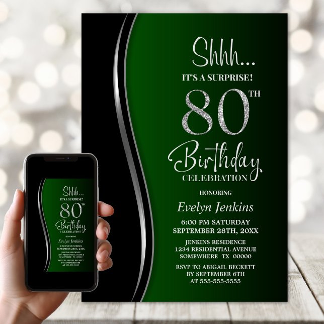 Invitation Surprise de 80 ans noir et vert (Créateur téléchargé)