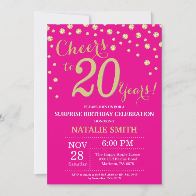Invitation Surprise de diamant rose chaud et or pour 20e anni (Devant)