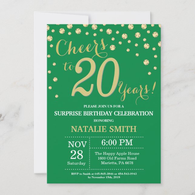 Invitation Surprise de diamant vert et or pour 20e anniversai (Devant)