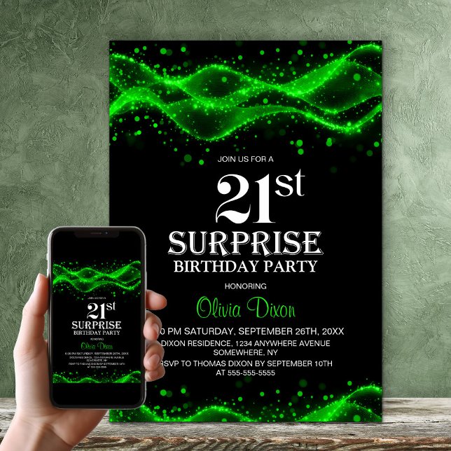 Invitation Surprise de fête d'anniversaire 21 ans noir et ver (Créateur téléchargé)