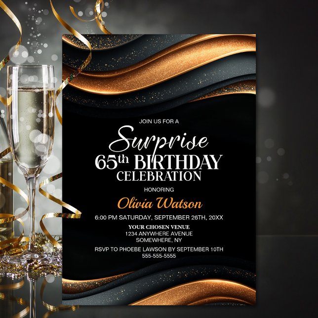 Invitation Surprise de fête d'anniversaire 65 ans noir et ora (Créateur téléchargé)