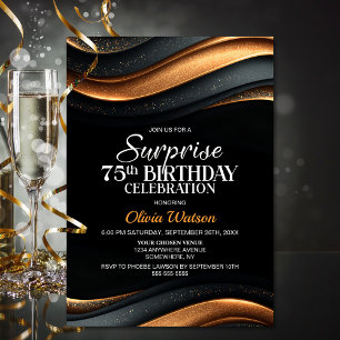 Invitation Surprise de fête d'anniversaire 75 ans noir et ora