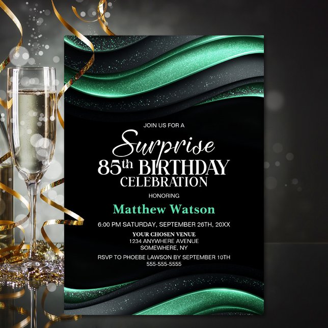 Invitation Surprise de fête d'anniversaire 85 ans en noir et  (Créateur téléchargé)