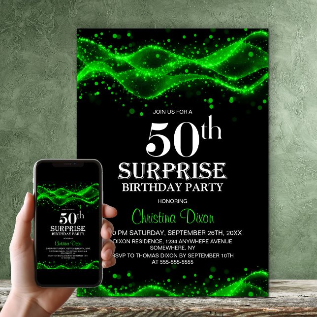 Invitation Surprise de noir et de vert pour un 50e anniversai (Créateur téléchargé)