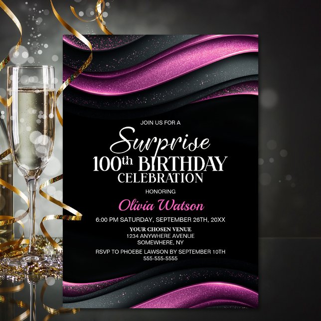 Invitation Surprise de noir et rose pour 100e anniversaire (Créateur téléchargé)