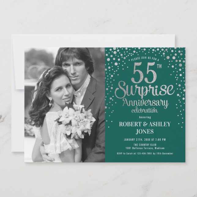 Invitation Surprise de photo 55e anniversaire - Vert argent (Devant)