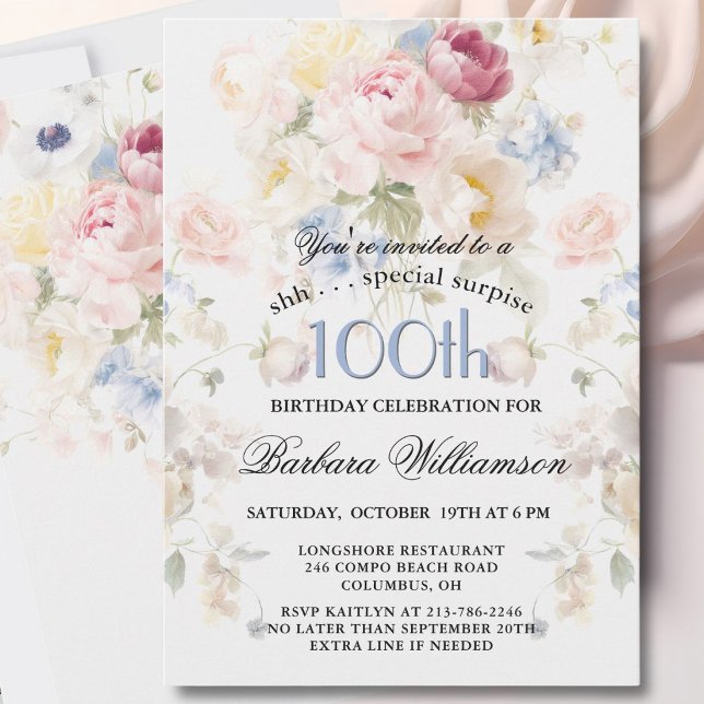 Invitation SURPRISE Élégant 100e anniversaire floral peint  (Créateur téléchargé)