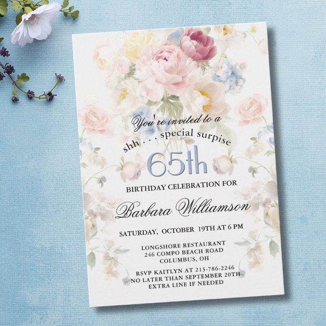Invitation SURPRISE Élégant 65e Anniversaire Floral Peint  (Créateur téléchargé)