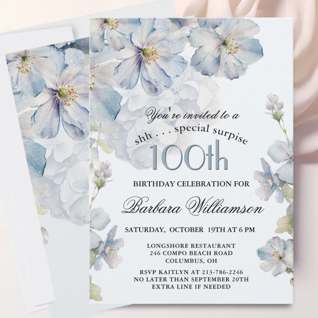 Invitation SURPRISE Elegant Blue Floral 100th Birthday  (Créateur téléchargé)