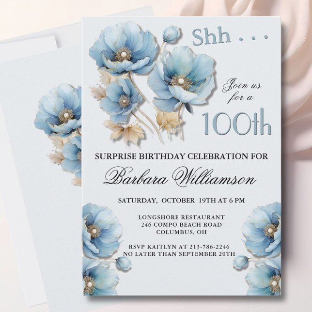 Invitation SURPRISE Elegant Blue Floral 100th Birthday (Créateur téléchargé)