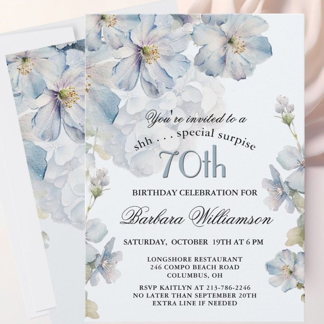 Invitation SURPRISE Elegant Blue Floral 70th Birthday  (Créateur téléchargé)