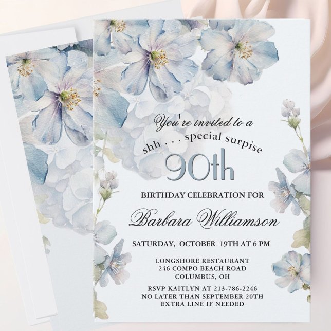 Invitation SURPRISE Elegant Blue Floral 90th Birthday  (Créateur téléchargé)
