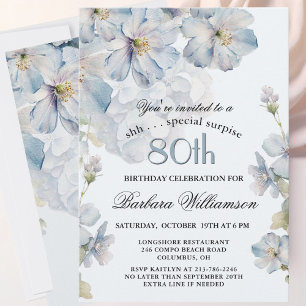 Invitation SURPRISE Élégant Fleurs Bleues 80e Anniversaire
