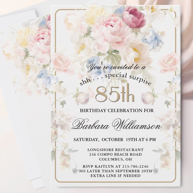 Invitation SURPRISE Élégant Fleurs Peintes 85e Anniversaire  (Créateur téléchargé)