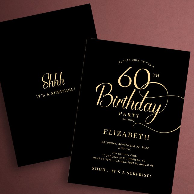 Invitation Surprise élégant noir or écriture 60e anniversaire (Créateur téléchargé)