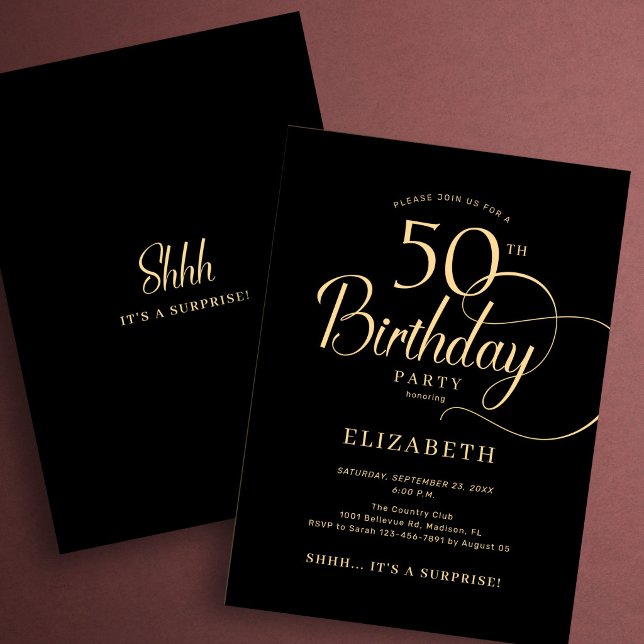 Invitation Surprise élégant noir or écriture pour 50e anniver (Créateur téléchargé)