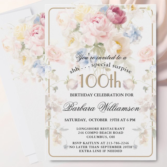 Invitation SURPRISE Elegant Painted Floral 100th Birthday  (Créateur téléchargé)