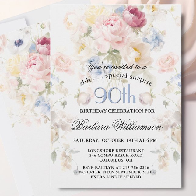 Invitation SURPRISE Elegant Painted Floral 90th Birthday  (Créateur téléchargé)