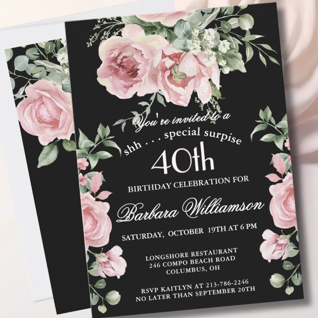 Invitation SURPRISE Elegant Painted Roses 40 Birthday Party  (Créateur téléchargé)