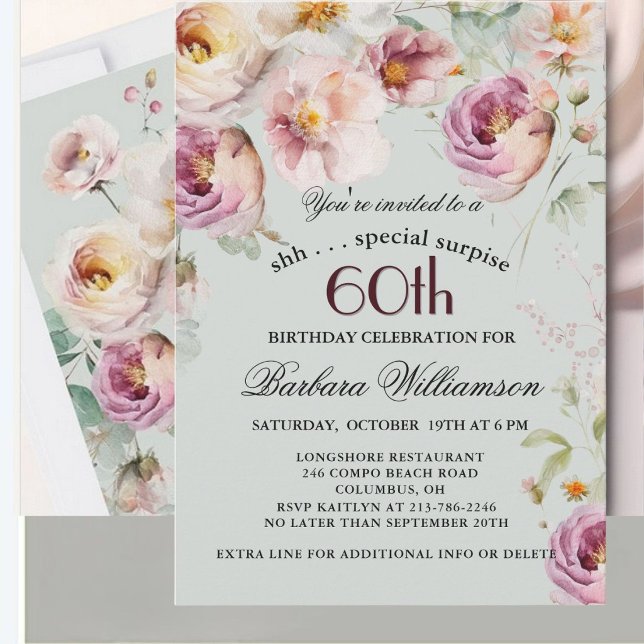 Invitation Surprise élégante de fleurs peintes pour 60e anniv (Créateur téléchargé)