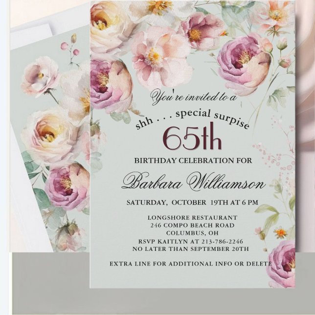 Invitation Surprise élégante de fleurs peintes pour 65e anniv (Créateur téléchargé)