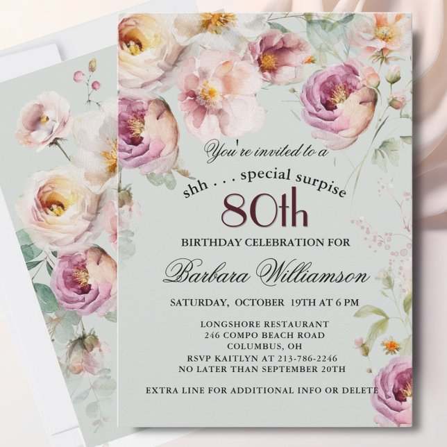 Invitation Surprise élégante de fleurs peintes pour 80e anniv (Créateur téléchargé)