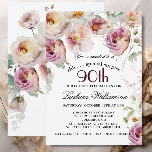 Invitation Surprise Élégante de Fleurs Peintes pour 90e Anniv (Créateur téléchargé)