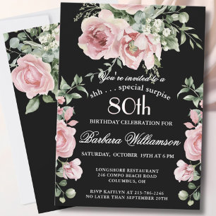Invitation SURPRISE Élégantes Roses Peintes 80 Ans Fête d'ann