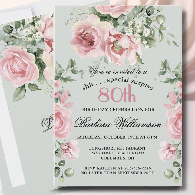 Invitation *SURPRISE Élégantes Roses Peintes 80 Fête d'annive (Créateur téléchargé)