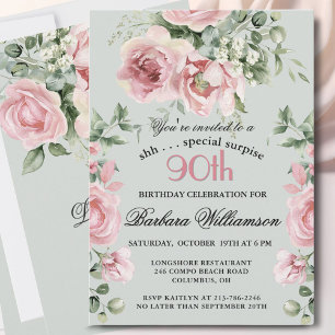 Invitation SURPRISE Élégantes Roses Peintes 90 Ans Fête d'Ann