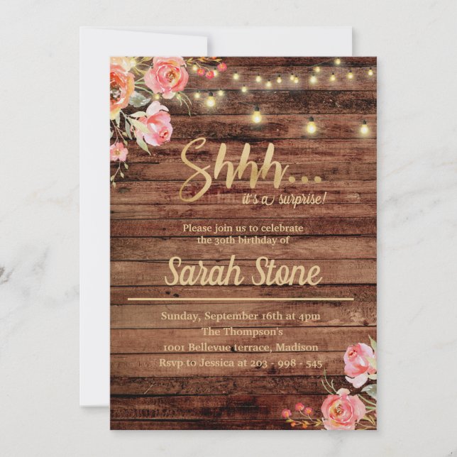 Invitation surprise en bois floral rustique (Devant)