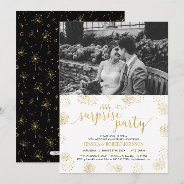 Invitation Surprise en or 50e anniversaire de mariage (Devant / Derrière)