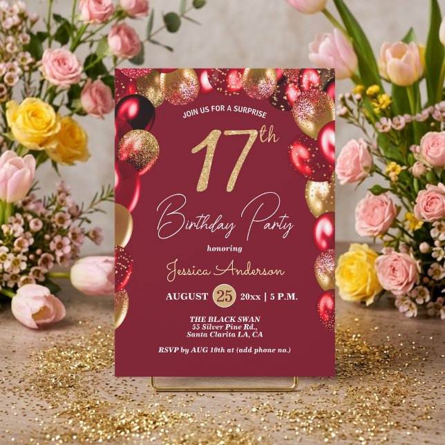 Invitation Surprise Fête d'anniversaire 17 ans Paillettes Or  (Créateur téléchargé)