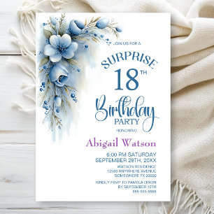 Invitation Surprise Fête d'anniversaire 18 ans Fleurs Bleues