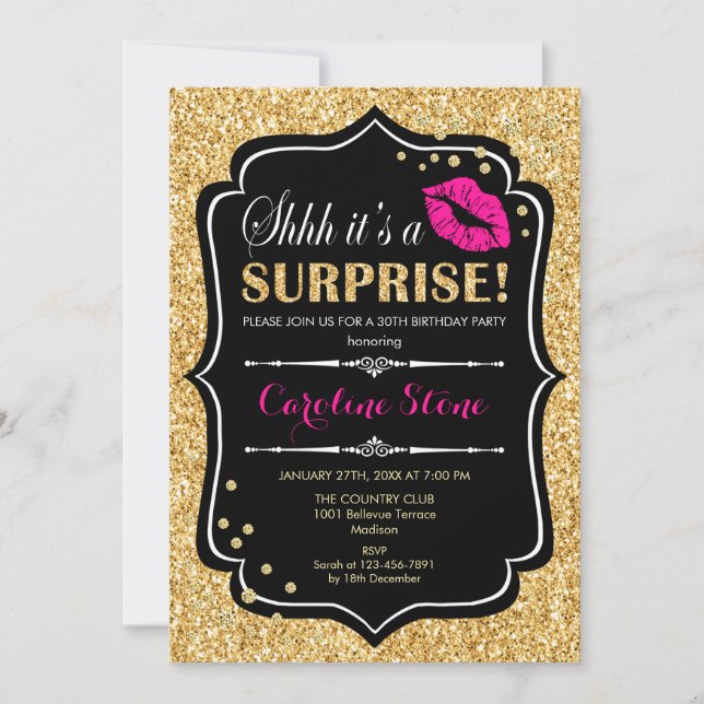 Invitation Surprise fête d'anniversaire - Black Pink Gold (Devant)