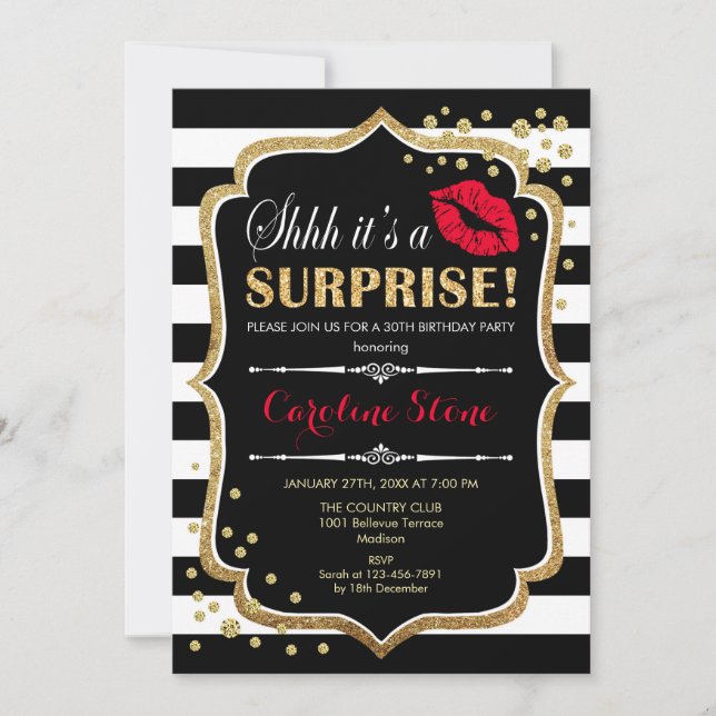 Invitation Surprise fête d'anniversaire - Black Red Gold (Devant)