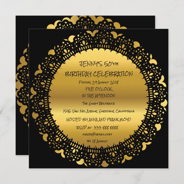 Invitation Surprise fête d'anniversaire Golden Black Lace Gla (Devant / Derrière)
