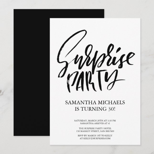 Invitation Surprise fête d'anniversaire noir et blanc Aquarel (Devant / Derrière)