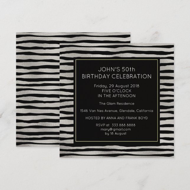 Invitation Surprise fête d'anniversaire Silver Black Stripes (Devant / Derrière)