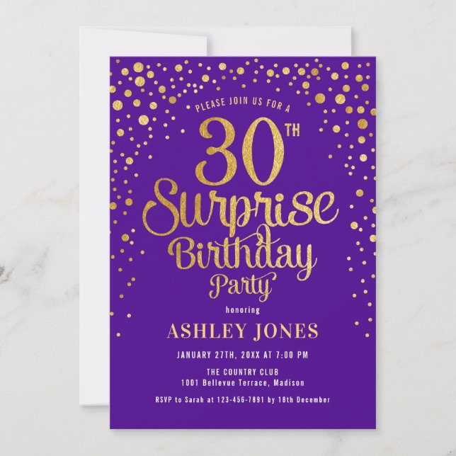 Invitation Surprise fête du 30e anniversaire - Purple & Gold (Devant)