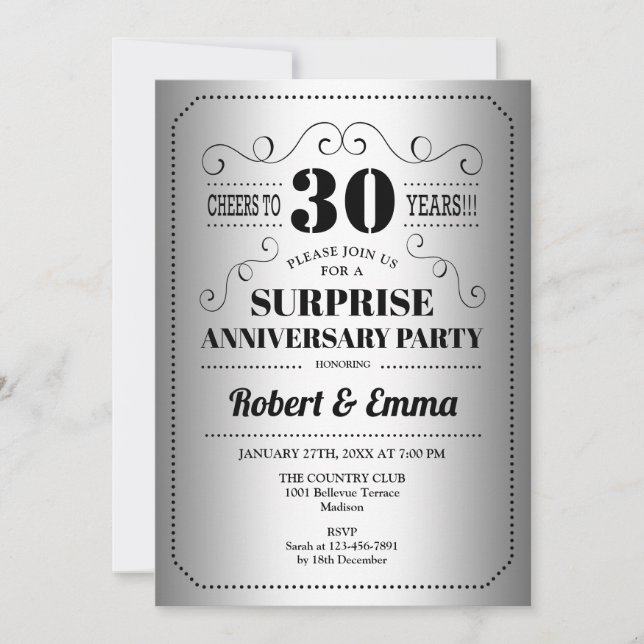 Invitation Surprise fête du 30e anniversaire - Silver Black (Devant)