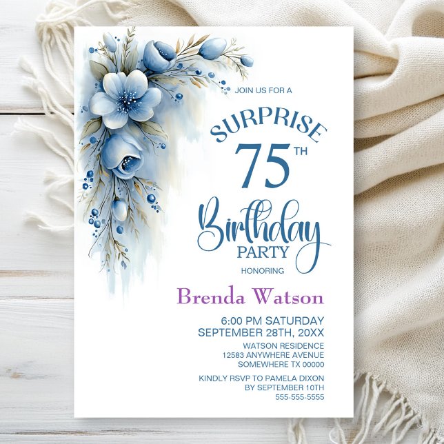 Invitation Surprise Fleur Bleu pour les 75 ans (Créateur téléchargé)