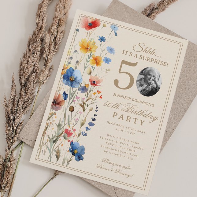 Invitation Surprise Fleurie Bohème pour ses 50 ans (Boho Floral Surprise 50th Birthday Party For Her Invitation)