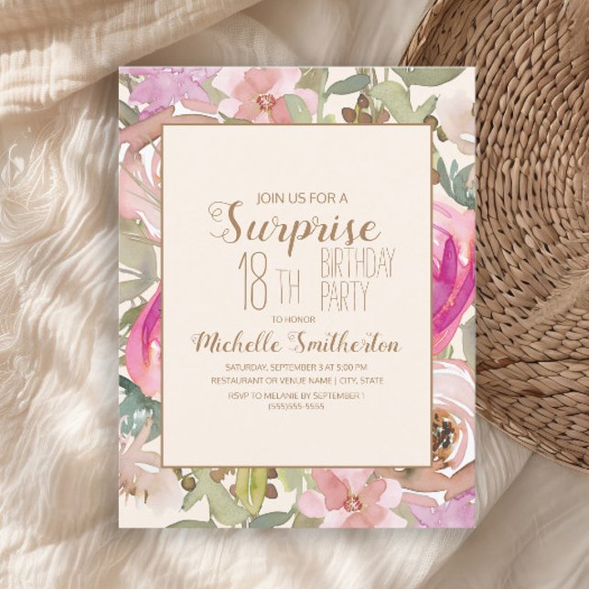 Invitation Surprise Fleurie Rose Clair Violet pour 18e Annive (Elegant pink watercolor flowers and sage green leaves 18th birthday party invitation)