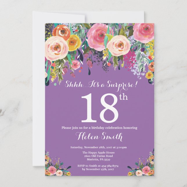 Invitation surprise Fleurie Violette pour 18 ans (Devant)