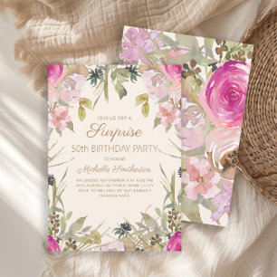 Invitation Surprise Fleurs Aquarelle Rose 50e Anniversaire
